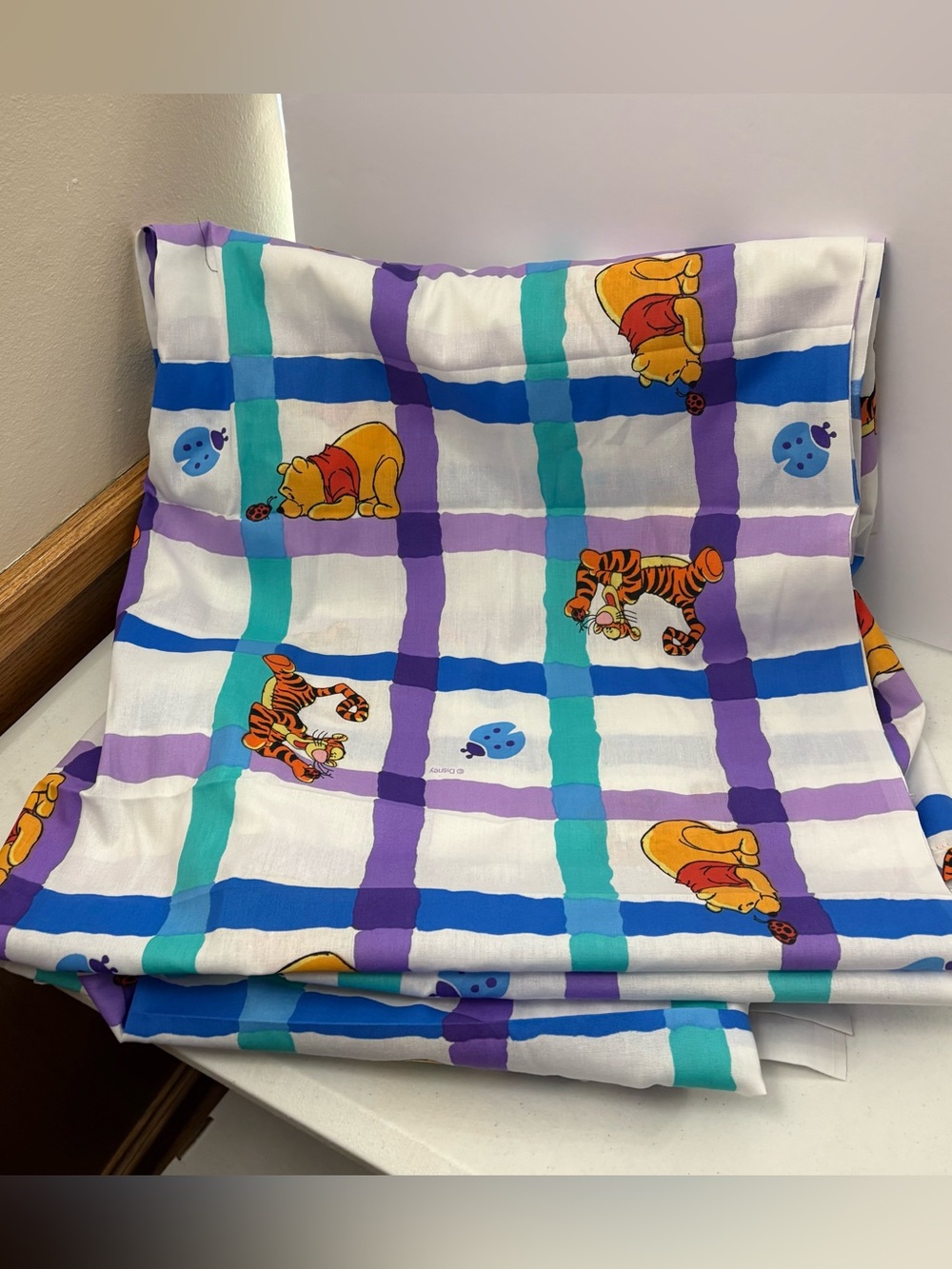 Vintage Disney Winnie The Pooh Double Flat Sheet USA Plaid Tigger Lady Bugs